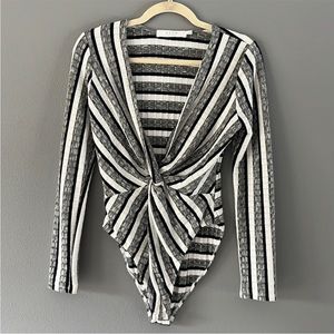 ASTR The Label Bodysuit Striped Long Sleeve Twist Front V Neck
